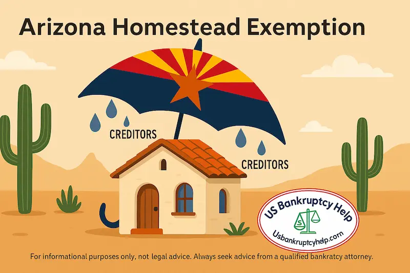 Wide banner showing an Arizona-flag umbrella shielding a desert home from raindrops labeled creditors, with saguaros and a US Bankruptcy Help logo—illustrating Arizona homestead exemption protection.