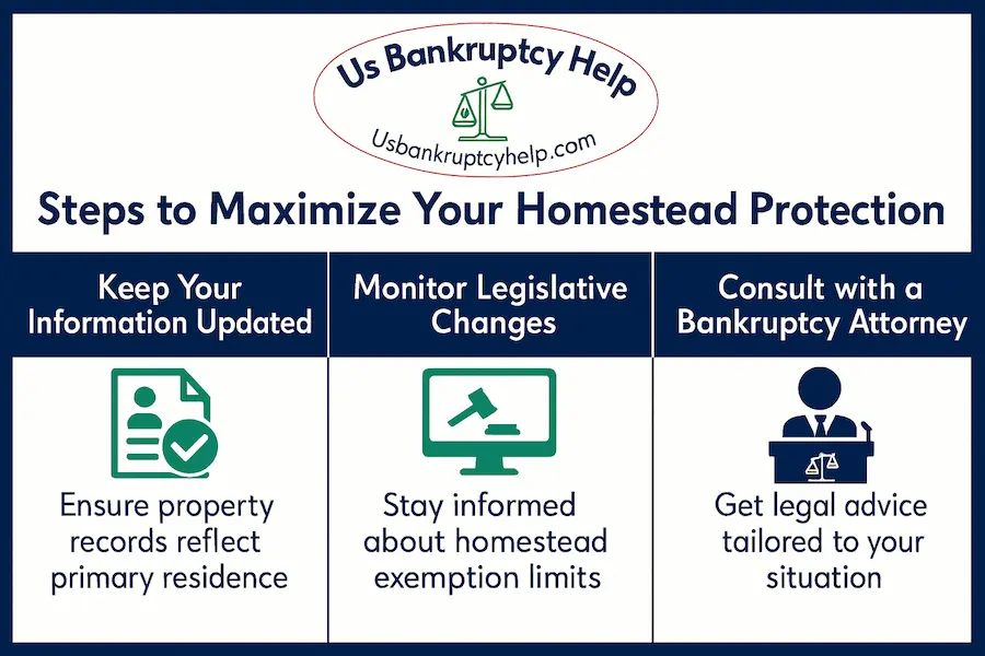 Infographic from US Bankruptcy Help titled Steps to Maximize Your Homestead Protection. Highlights three key actions: keep property records updated to confirm primary residence, monitor legislative changes for exemption limits, and consult with a bankruptcy attorney for tailored legal advice. Includes icons and the US Bankruptcy Help logo.