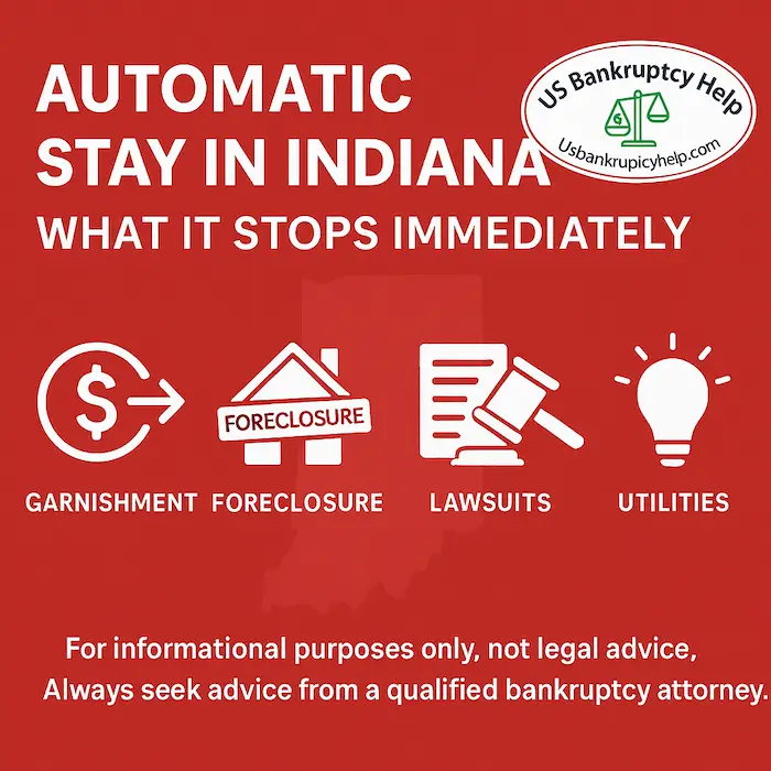 Automatic Stay in Indiana explainer for chapter 7 bankruptcy using Hoosier red-and-white branding with the US Bankruptcy Help logo; icons show what stops immediately—garnishments, foreclosure actions, lawsuits, and utility shutoffs—with a small legal disclaimer at the bottom.