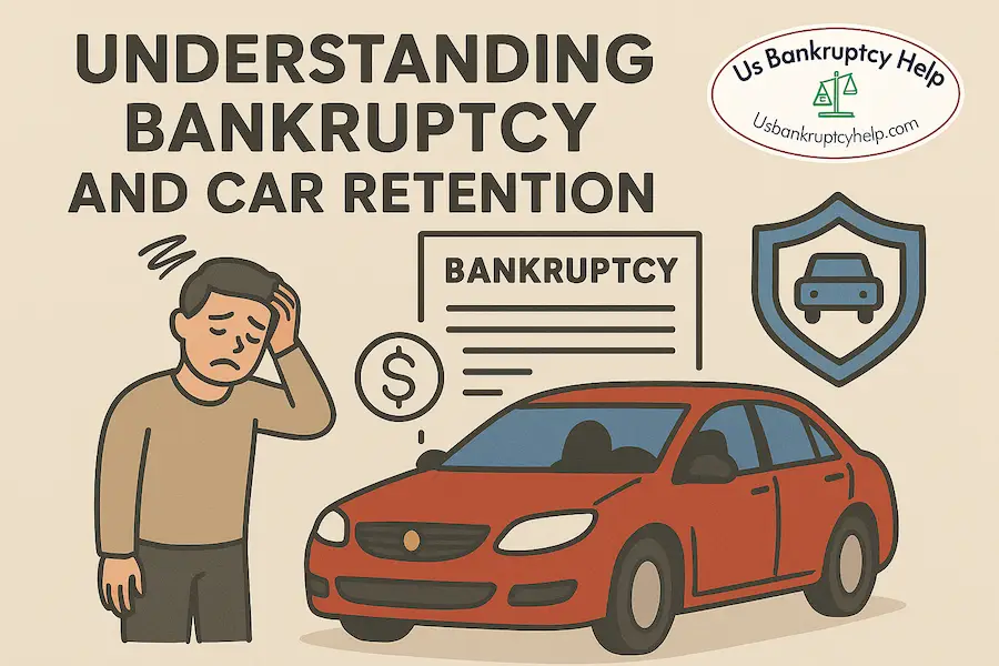 Illustration explaining bankruptcy and car retention, showing a worried man beside a red car, a bankruptcy document with dollar sign, and a blue shield with car icon.