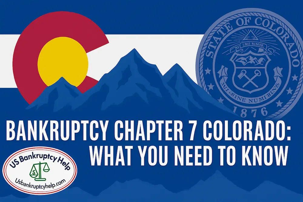 Hero banner for a Colorado Chapter 7 bankruptcy guide featuring the Colorado state flag, blue mountain silhouette, a faint State of Colorado seal, and the headline “Bankruptcy Chapter 7 Colorado: What You Need to Know,” with the US Bankruptcy Help logo in the corner.
