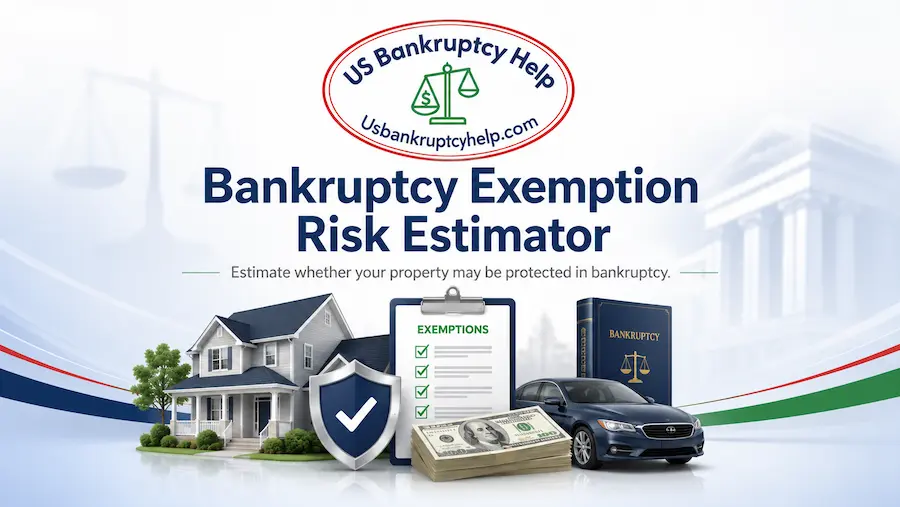 Hero image for the Bankruptcy Exemption Risk Estimator from US Bankruptcy Help, showing the US Bankruptcy Help logo above a centered title with property-protection imagery, including a home, shield, exemption checklist, cash, vehicle, bankruptcy book, and courthouse background to represent estimating whether assets may be protected in bankruptcy.