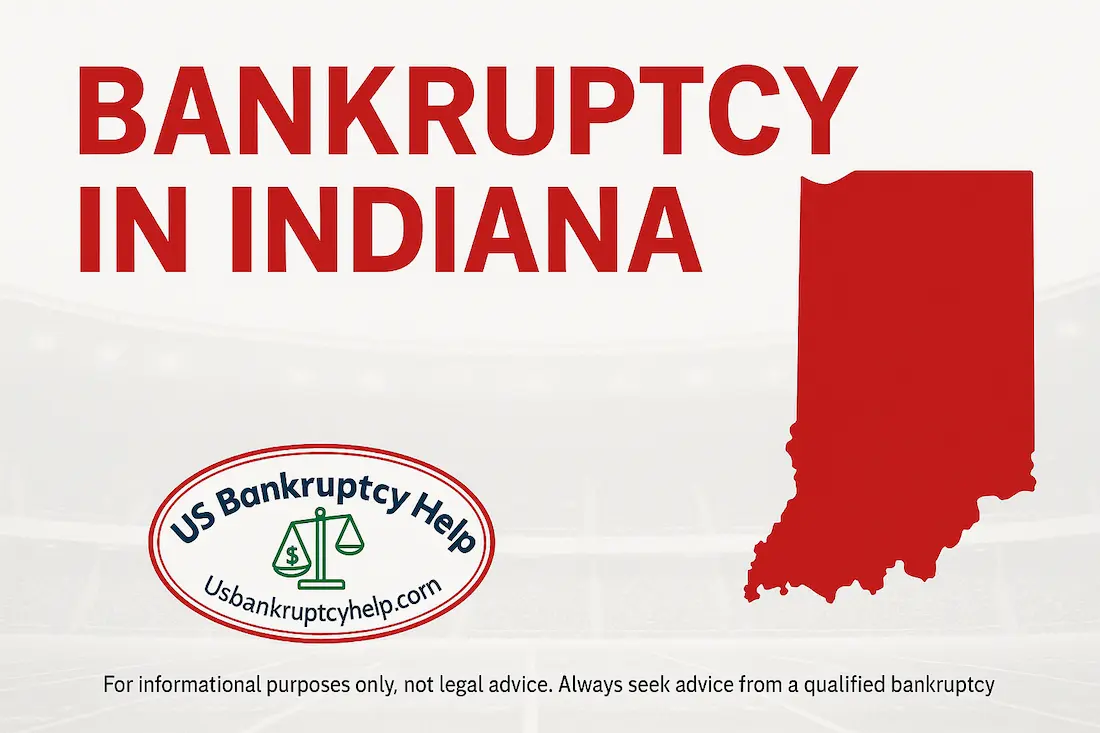 Hero banner for ‘Bankruptcy in Indiana’ in Hoosier red and white: bold headline text on white background, red silhouette map of Indiana on the right, US Bankruptcy Help oval logo at lower corner, and a small footer disclaimer noting information is not legal advice.