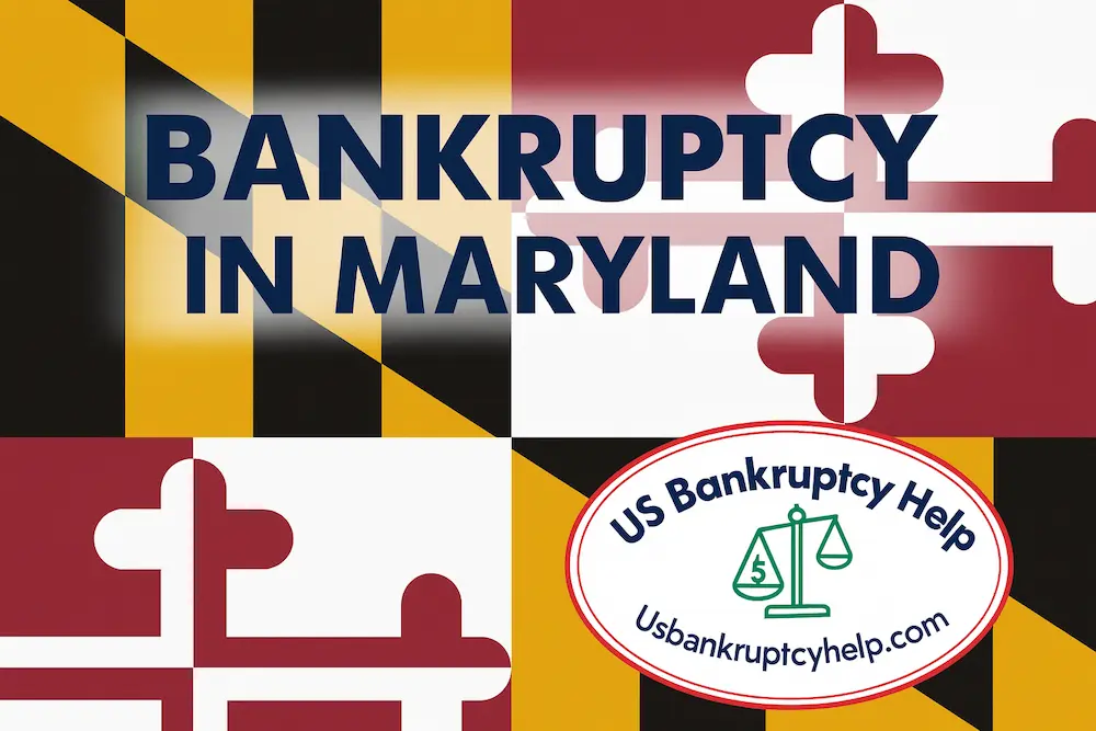 Wide hero image showing the Maryland state flag in the background with the heading “Bankruptcy in Maryland” in bold navy text and the US Bankruptcy Help logo in an oval badge in the lower right corner.
