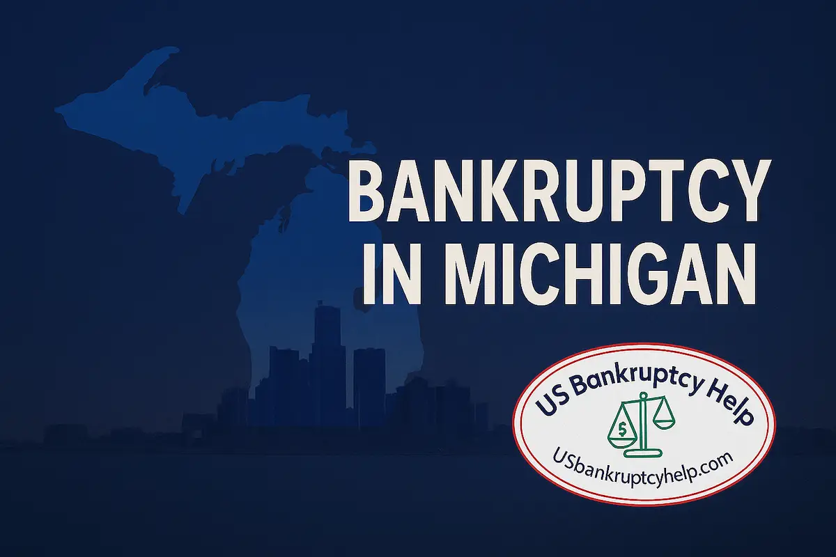 Hero image for “Bankruptcy in Michigan” featuring the Detroit skyline with the US Bankruptcy Help logo.