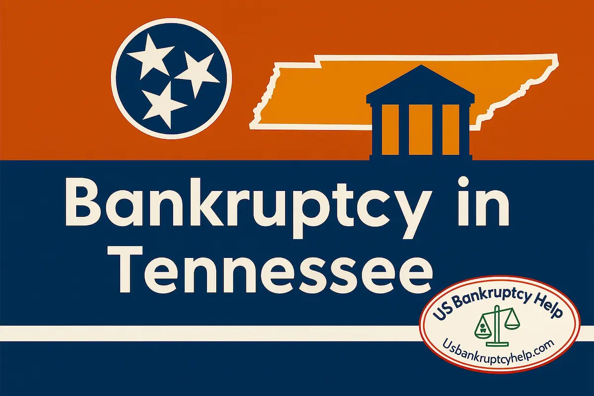 Hero image for ‘Bankruptcy in Tennessee’ using tri-star flag colors, Tennessee state outline with courthouse icon, and the US Bankruptcy Help logo.