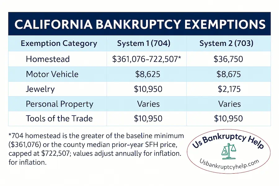 Infographic chart comparing California bankruptcy exemptions under System 1 (704) and System 2 (703) for 2025. Table lists exemption categories including homestead, motor vehicle, jewelry, personal property, tools of the trade, and wildcard. Homestead shows a county-based range of $361,076 to $722,507 under System 1 versus $36,750 under System 2. Motor vehicle exemptions are $8,625 in both systems. Jewelry is $10,950 under System 1 and $2,175 under System 2. Tools of the trade are $10,950 for both. Wildcard is $0 under System 1 and $1,950 plus unused 703 homestead or burial under System 2. Footnote explains the inflation-adjusted county median rule. Includes U.S. Bankruptcy Help branding.