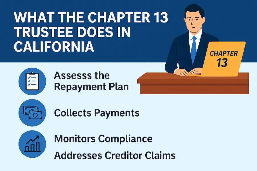 Infographic titled “What the Chapter 13 Trustee Does in California” showing a trustee at a desk with icons that highlight duties: assessing repayment plans, collecting payments, monitoring compliance, and addressing creditor claims.