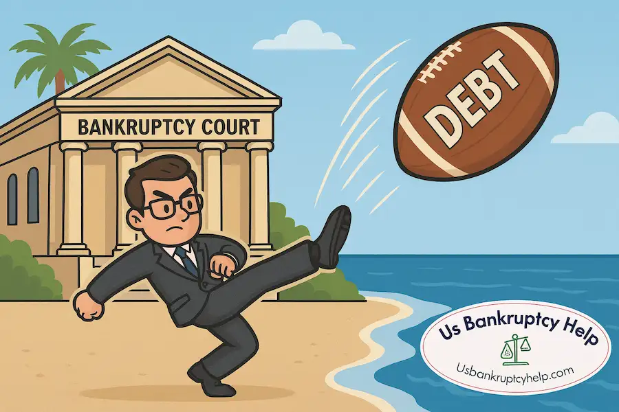 An image of a California bankruptcy attorney punting a debt football into the Pacific Ocean.