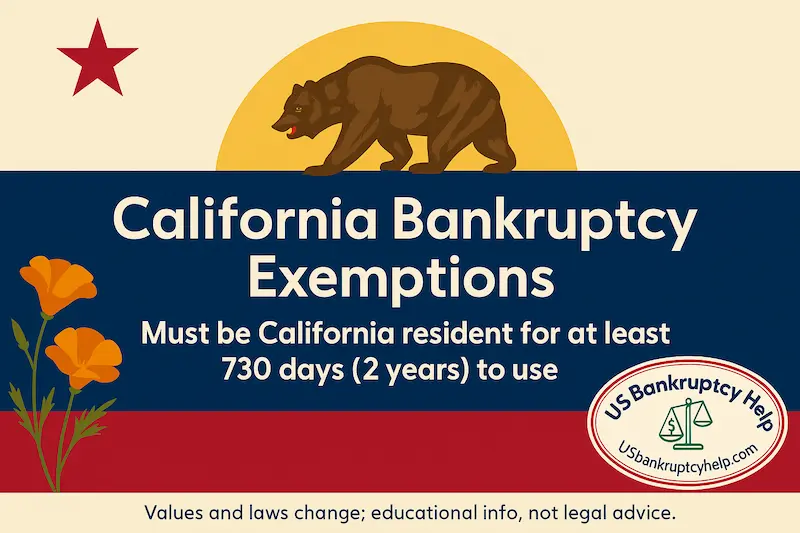 California bankruptcy exemptions residency rule—must live in California at least 730 days (2 years) to use state exemptions; includes US Bankruptcy Help logo.