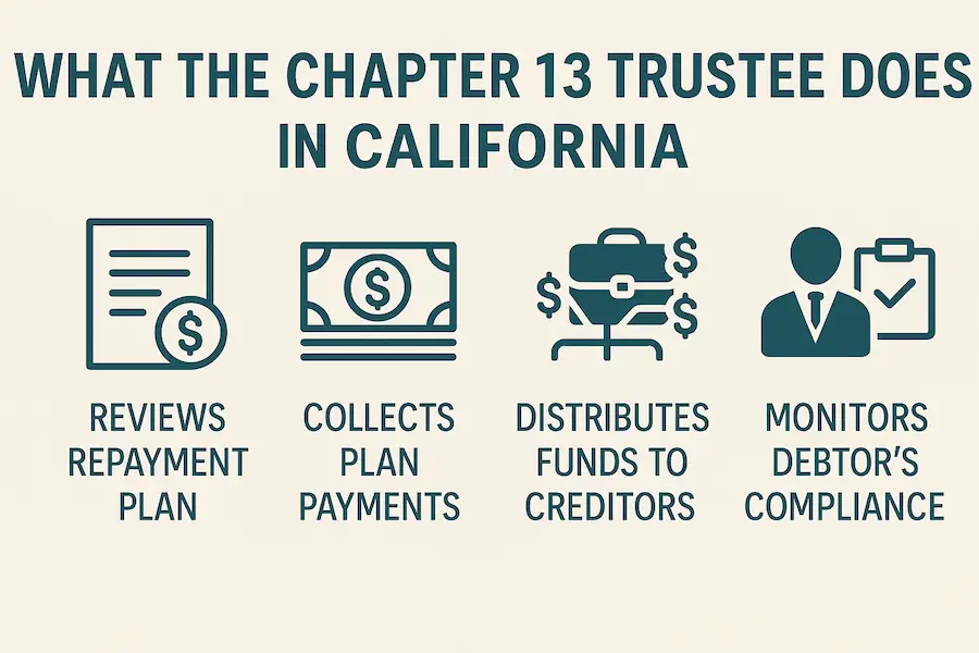 Infographic titled “What the Chapter 13 Trustee Does in California” with four icons representing trustee responsibilities: reviewing repayment plans, collecting plan payments, distributing funds to creditors, and monitoring debtor compliance.