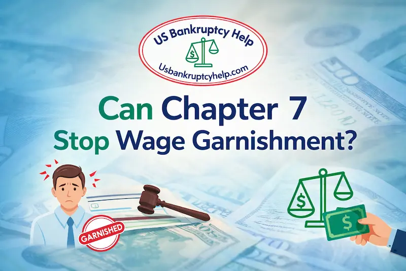 A branded hero image for a bankruptcy education page. The US Bankruptcy Help logo appears near the top. In the center, large text reads, “Can Chapter 7 Stop Wage Garnishment?” The background uses calm blue tones with faint currency imagery. Supportive illustrations around the text include a worried worker, a paycheck marked garnished, a gavel, scales of justice, and a hand holding cash. The overall design is clear, reassuring, and educational.