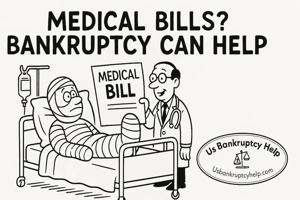 Black-and-white cartoon showing a patient in a full-body cast receiving a medical bill from a doctor.
