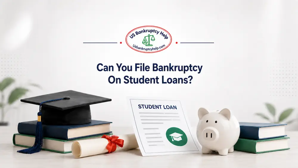 Hero image for an educational article titled “Can You File Bankruptcy on Student Loans?” featuring the US Bankruptcy Help logo, a graduation cap, books, diploma, student loan document, and piggy bank to represent student loan debt and bankruptcy information.