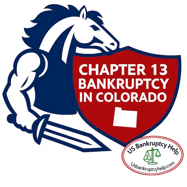 Logo-style illustration of a strong knight horse holding a red shield labeled “Chapter 13 Bankruptcy in Colorado,” with a small Colorado state outline on the shield and the US Bankruptcy Help logo in the lower corner.