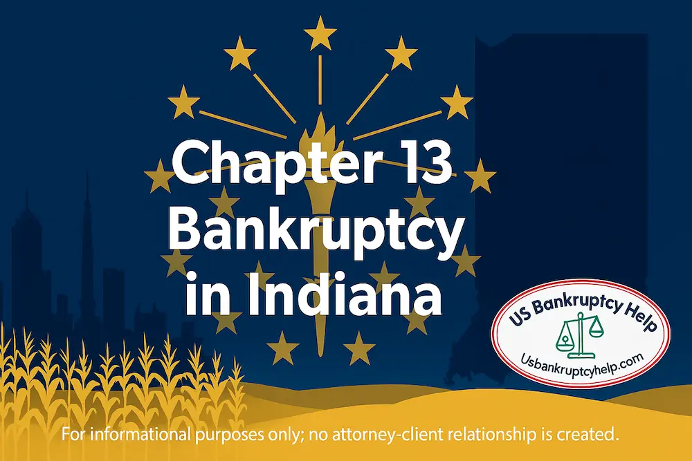 Chapter 13 Bankruptcy in Indiana hero banner showing an Indiana outline and Indianapolis skyline with state-flag stars; message highlights stopping foreclosure, curing mortgage and car arrears, and reorganizing debt over 3–5 years; US Bankruptcy Help logo in the corner with a small ‘not legal advice’ disclaimer.