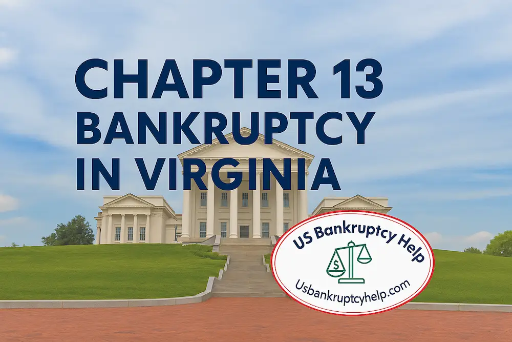 Wide hero banner for Chapter 13 bankruptcy in Virginia showing the Virginia State Capitol in Richmond under a blue sky, with the heading “Chapter 13 Bankruptcy in Virginia” and the US Bankruptcy Help logo in the foreground.