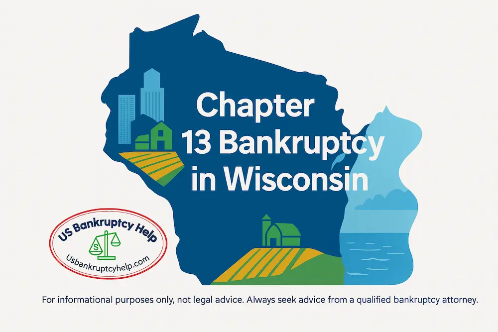 Hero graphic showing a white silhouette of Wisconsin with the centered heading “Chapter 13 Bankruptcy in Wisconsin,” Milwaukee-style skyline and rural barn icons, the US Bankruptcy Help logo, and a small disclaimer along the bottom.