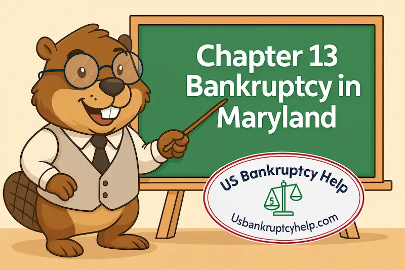 Illustration of a friendly beaver teaching a class about Chapter 13 bankruptcy in Maryland, with a chalkboard lesson and the US Bankruptcy Help logo, symbolizing education and financial reorganization.