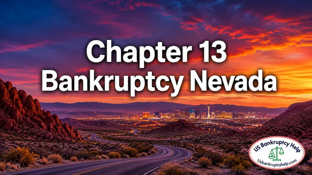 Chapter 13 Bankruptcy Nevada over a Nevada desert landscape with red rock formations, a winding road, and the Las Vegas skyline at sunset.