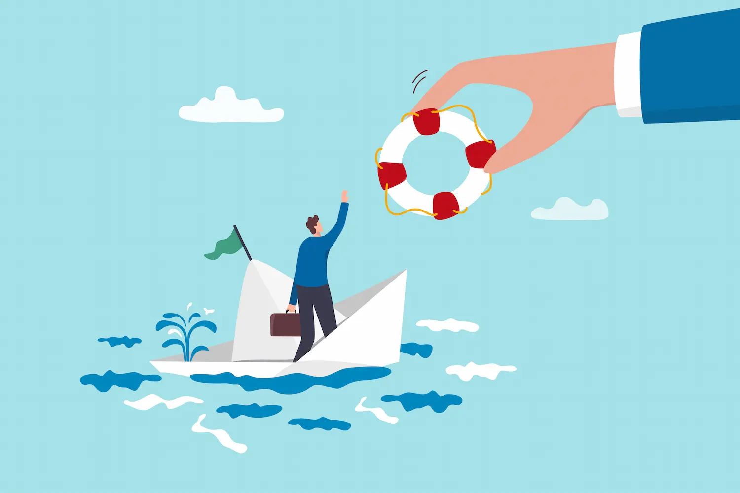 Illustration of a person in a paper boat reaching for a life preserver, representing chapter 13 bankruptcy help and repayment plan support