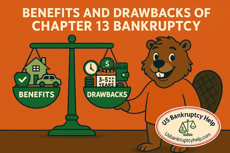 Illustration of a green justice scale labeled “Benefits” and “Drawbacks” for chapter 13 in Oregon, with icons for saving a home and car on one side and long-term payments on the other, a cartoon beaver explaining the balance, and the US Bankruptcy Help logo in the corner.