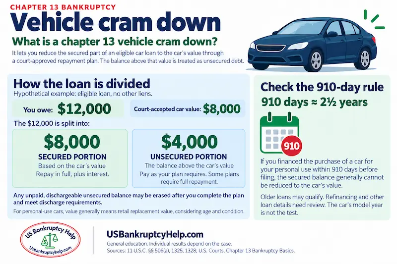 Infographic explaining how the Chapter 13 vehicle cram down works, with an example.