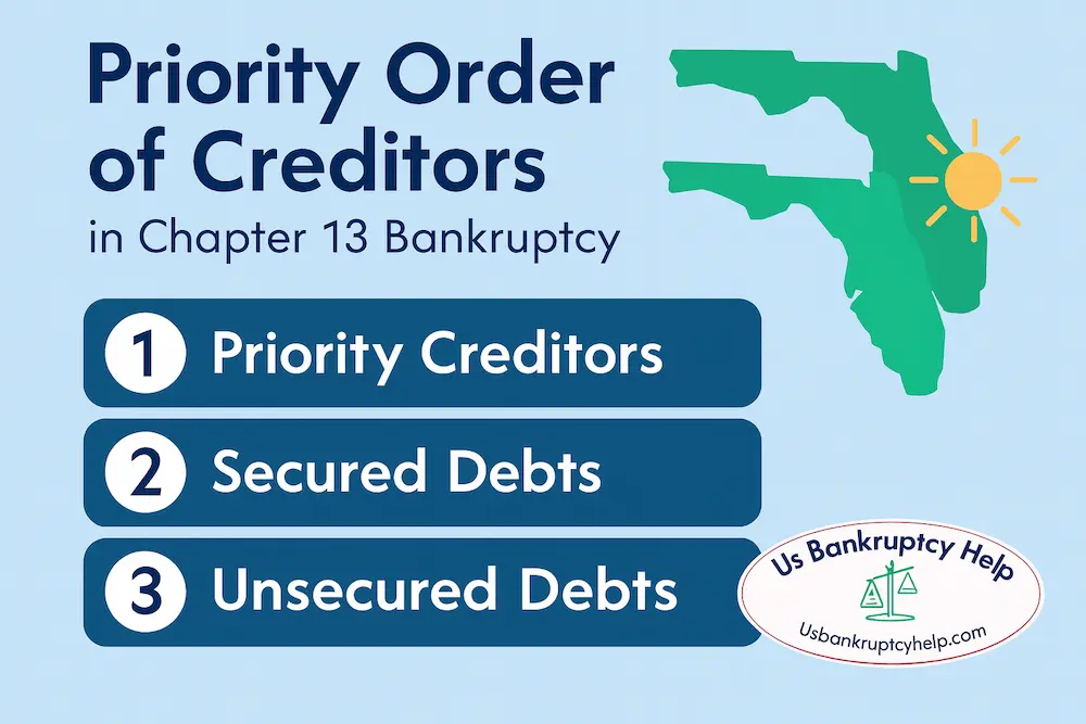 Infographic showing the priority order of creditors in Florida Chapter 13 bankruptcy with a Florida graphic and U.S. Bankruptcy Help logo. Priority creditors are listed first, followed by secured debts, then unsecured debts.