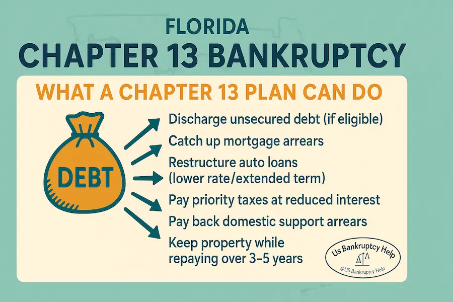 Florida Chapter 13 bankruptcy infographic showing key benefits—catch up on mortgage, restructure auto loans, pay priority taxes—US Bankruptcy Help.