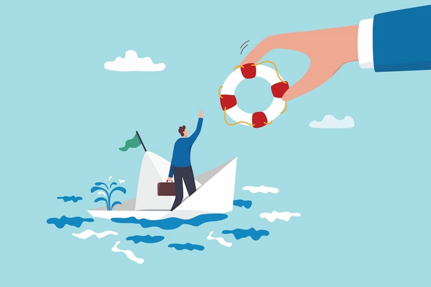 Cartoon image of a person reaching up to grab a life preserver ring labeled being thrown to them from a boat labeled 'Bankruptcy Help'