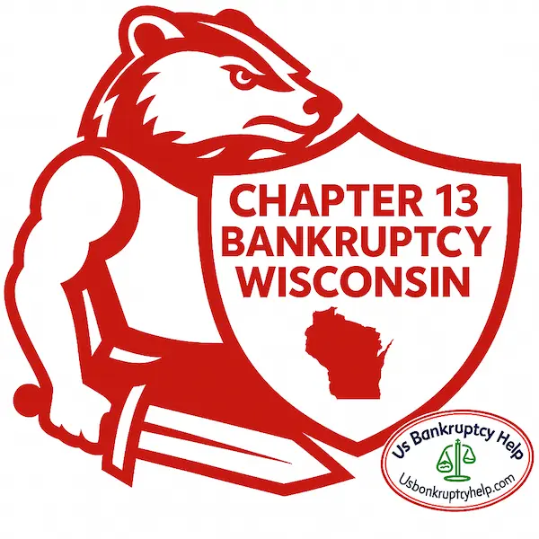 Bold red and white illustration of a fierce badger mascot holding a large shield labeled “Chapter 13 Bankruptcy Wisconsin” with a red outline of the state of Wisconsin, styled in University of Wisconsin colors, with the US Bankruptcy Help logo in the lower corner.