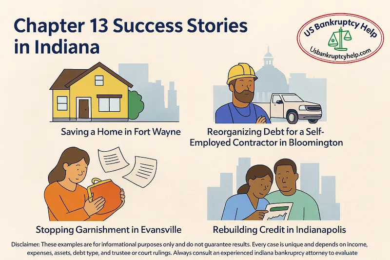 Indiana Chapter 13 success stories infographic with four panels: home saved in Fort Wayne, debt reorganization in Bloomington, garnishment stopped in Evansville, and credit rebuilt in Indianapolis, branded with the US Bankruptcy Help logo.