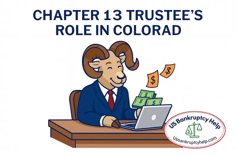 Cartoon-style Rocky Mountain bighorn sheep in a suit sitting at a desk with a laptop and dollar bills, symbolizing the chapter 13 trustee’s role in Colorado distributing payments to creditors, with the heading “Chapter 13 Trustee’s Role in Colorado” and the US Bankruptcy Help logo in the corner.