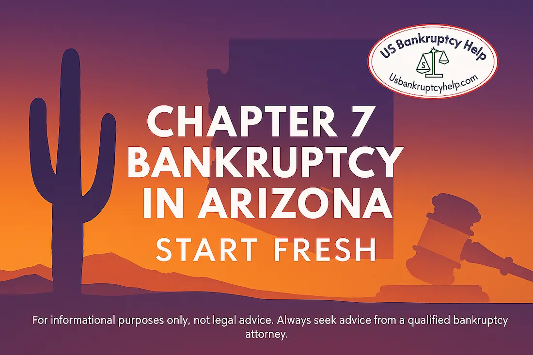 Hero banner for Chapter 7 bankruptcy in Arizona showing a saguaro and Arizona outline with headline "Start Fresh", US Bankruptcy Help logo, and a small legal disclaimer.