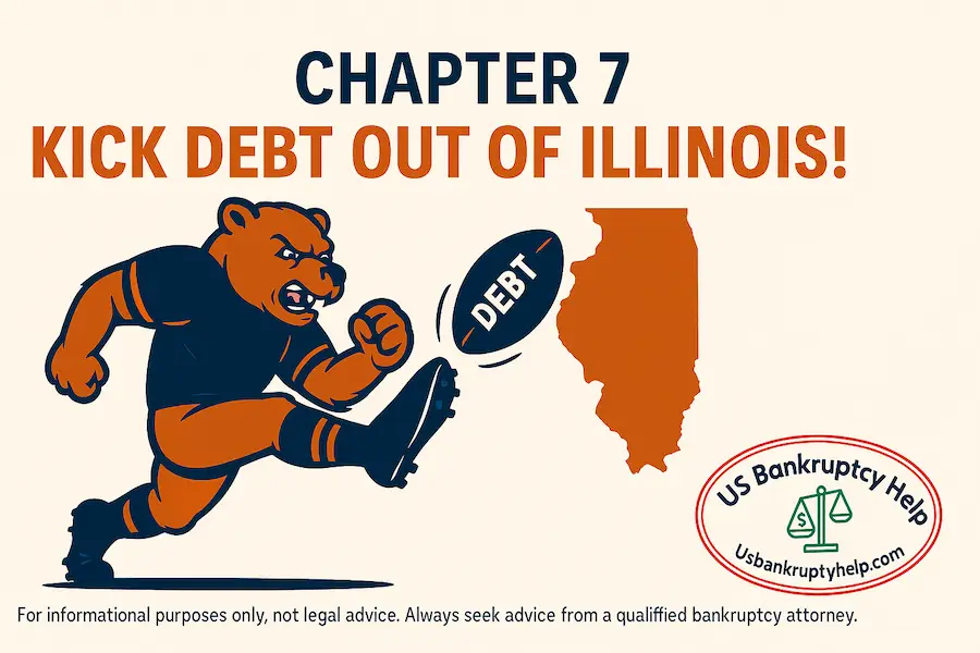 Illustration of a bear kicking a football labeled DEBT, symbolizing eliminating debt with chapter 7 bankruptcy in Illinois.