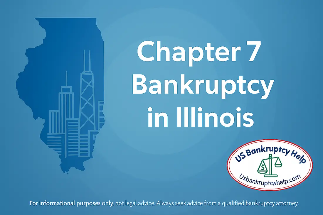 Chapter 7 Bankruptcy in Illinois hero banner with Illinois outline and Chicago skyline, branded with the US Bankruptcy Help logo.