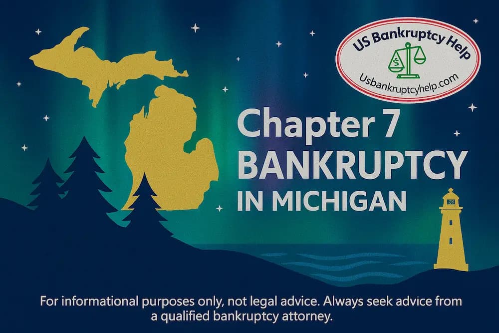 Chapter 7 Bankruptcy in Michigan hero banner with Michigan state silhouette, lighthouse and Great Lakes waves, branded with the US Bankruptcy Help logo.