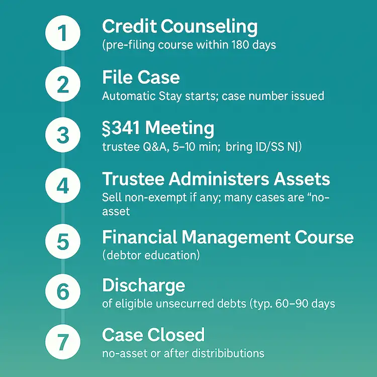 An infographic showing the steps to filing chapter 7 bankruptcy, including credit counseling, filing the petition, 341 meeting, liquidation of non-exempt assets, financial management class, and discharge of debts.