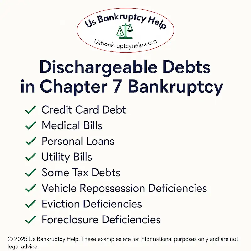 An infographic showing examples of dischargeable debts in chapter 7 bankruptcy.