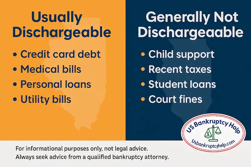 Split-panel graphic showing common dischargeable debts and debts generally not dischargeable in Illinois Chapter 7.