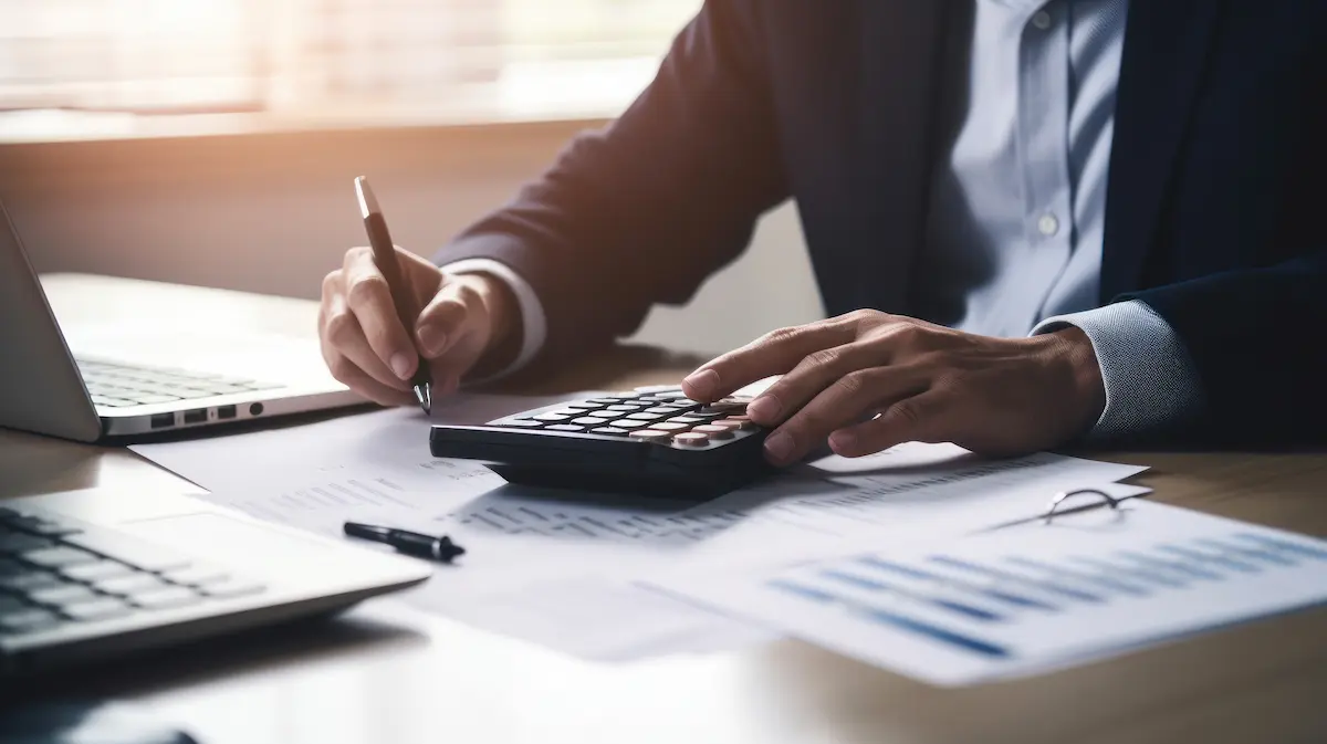 Calculator and income documents on a desk illustrating a Chapter 7 median income calculator.
