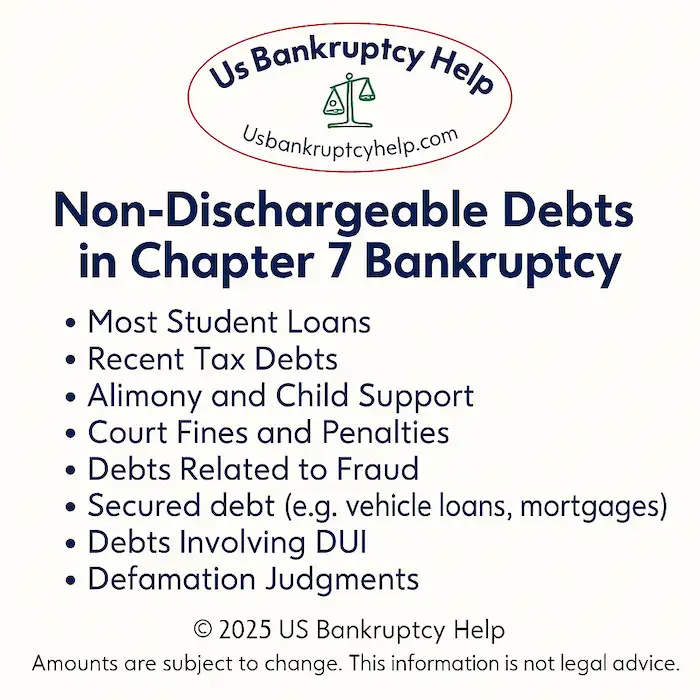 An infographic showing examples of non-dischargeable debts in chapter 7 bankruptcy.