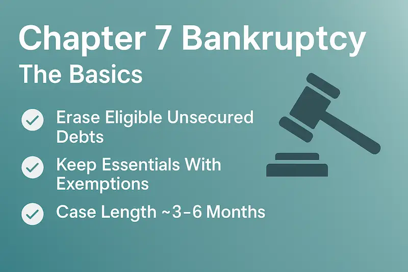 An infographic showing the major benefit of filing chapter 7, how long chapter 7 takes, and that filers ca keep essential items with bankruptcy exemptions.