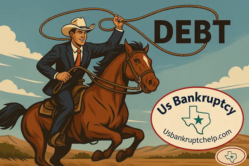 Illustration of a Texas bankruptcy lawyer in a suit and cowboy hat riding a horse, lassoing the word 'DEBT' across a desert landscape, branded with the US Bankruptcy Help Texas logo.