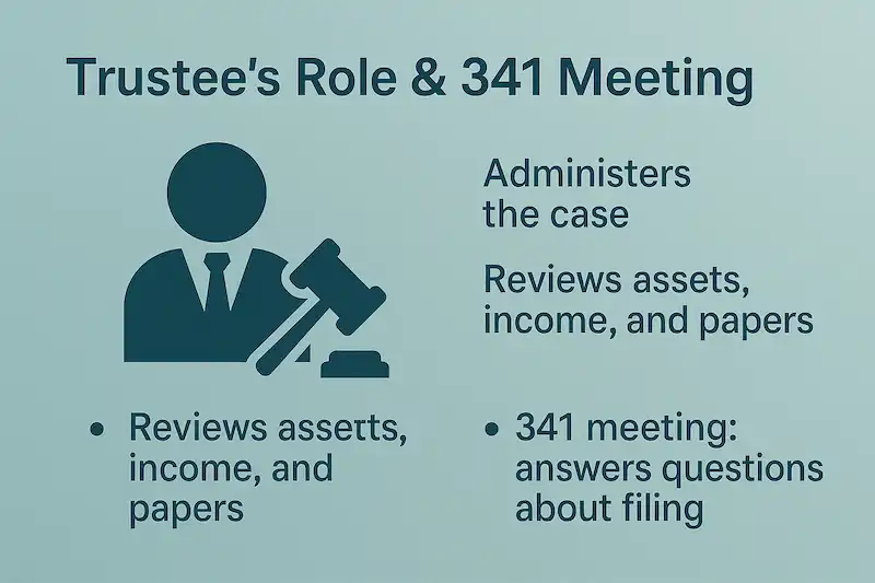 an infographic showing the role of the chapter 7 bankruptcy trustee, including reviewing the petition, conducting the 341 meeting, and liquidating non-exempt assets.