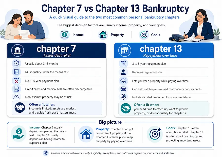Chapter 7 vs Chapter 13 bankruptcy visual comparison showing the differences in eligibility, timeline, repayment plans, property protection, debt relief, and when each chapter may be a better fit.