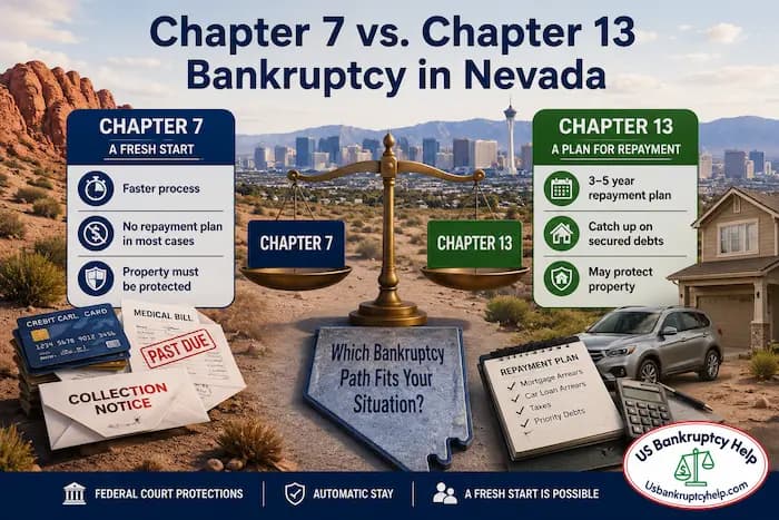 Chapter 7 and Chapter 13 bankruptcy comparison in Nevada showing debt relief, repayment plans, property protection, and a Nevada desert background.