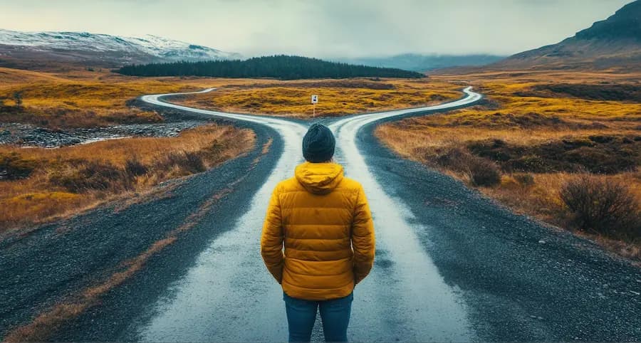 Person standing at a fork in the road, symbolizing the choice between chapter 7 and chapter 13 bankruptcy options.