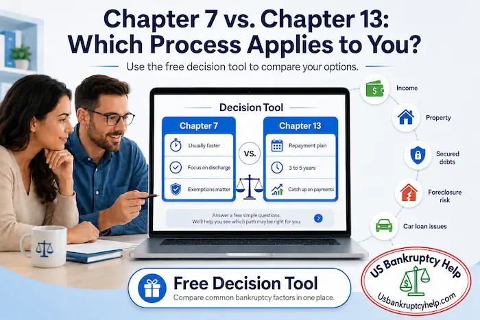 Chapter 7 vs. chapter 13 bankruptcy decision tool showing common comparison factors such as income, property, secured debts, foreclosure risk, car loan issues, and missed payments.