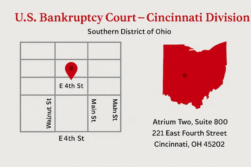 U.S. Bankruptcy Court, Cincinnati Division map at Atrium Two, Suite 800, 221 East Fourth St, Cincinnati, OH 45202.